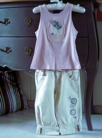 Pantacourt lin + débardeur fille 4 ans ensemble compagnie des petits rose beige TBE