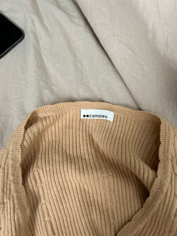 Pull col V crème/orange camaïeu taille S - photo numéro 3