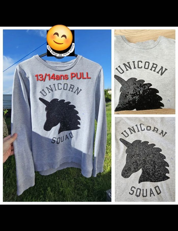 Pull licorne sequins 13 14 ans fille gris