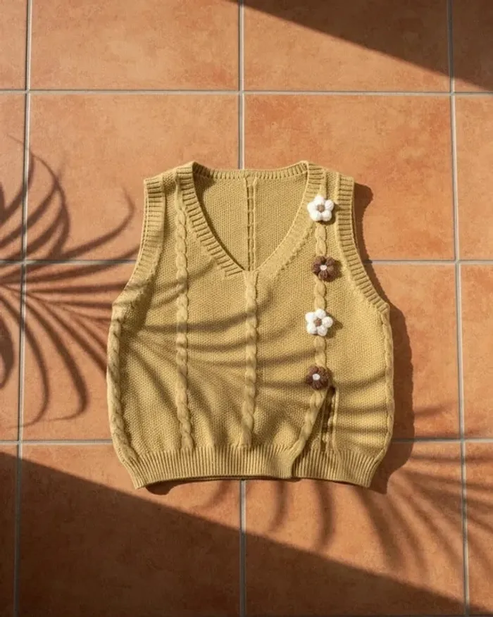 Gilet sans manches en maille torsadée, fleurs crochet, taille S, bohème rétro layering