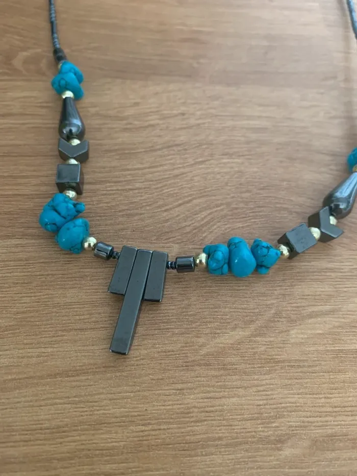 Collier turquoise, collier bohème bijoux hématite, collier tribal 50 cm - photo numéro 2