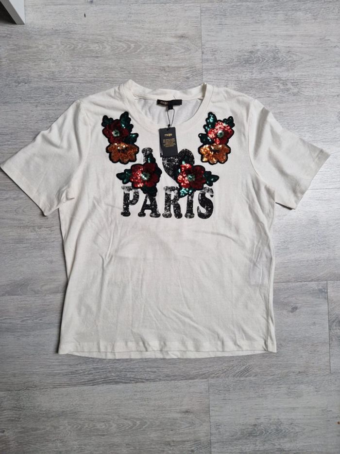 Tee-shirt Maje neuf avec étiquette Taille 1 Paris avec fleurs et sequins - photo numéro 2