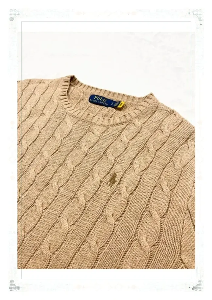 Ralph Lauren pull torsadé col ras de cou beige homme taille L coton - photo numéro 4