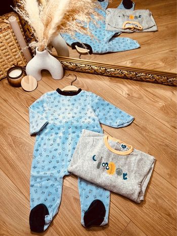 Taille 9 mois lot de 2 pyjamas velours garçon mots d’enfants gris bleu * animaux * 💙