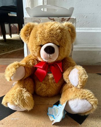 En boîte Neuf Gros Ours Steiff 50cm debout noeud rouge brun roux collection rare ancien énorme