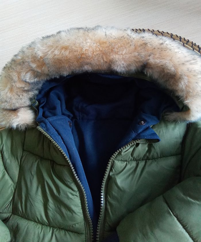 Doudoune réversible kaki/marine avec capuche fourrée Vertbaudet taille 3 ansu - photo numéro 2