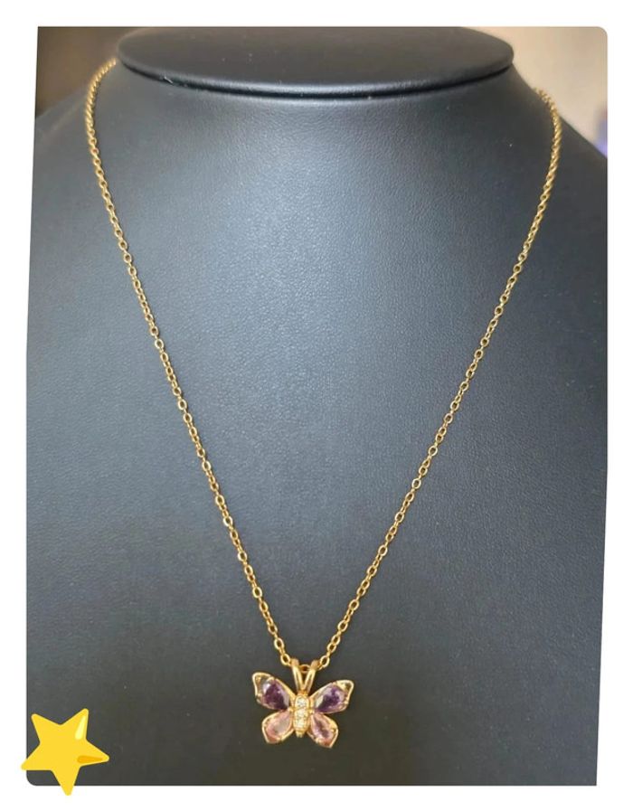 Collier maille jaseron pendentif papillon rose avec pierre d'ornement acier inoxydable - photo numéro 2