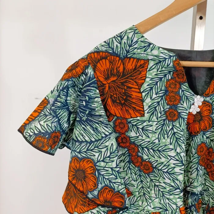 Top court volanté Wax imprimé fleuri tropical vert orange manches courtes A1458 - photo numéro 4
