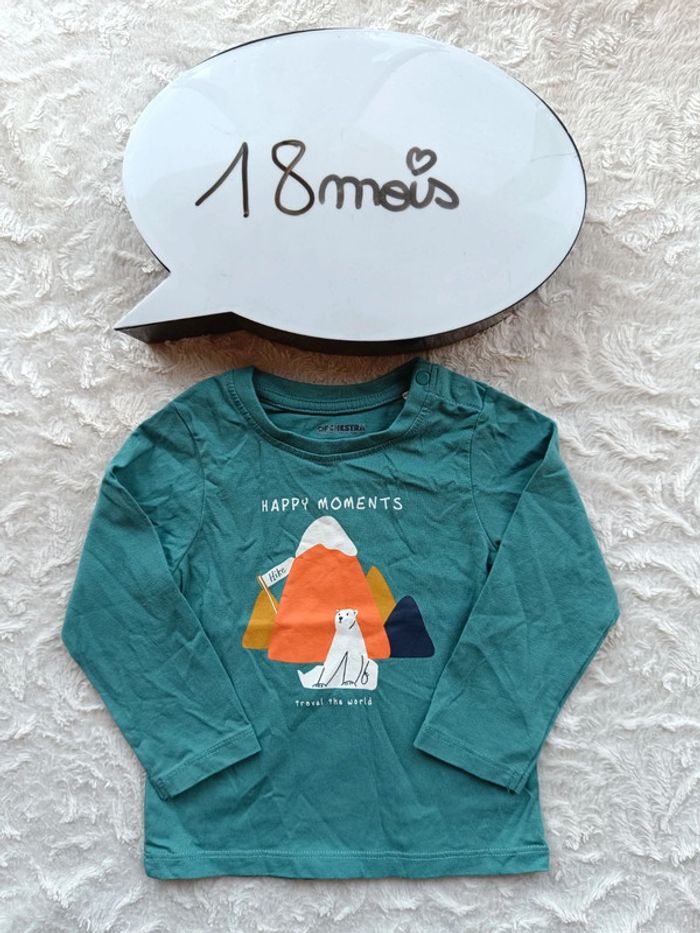 Tee shirt chemise manches longues Garçon 18 mois Ours montagne happy moments Travel world 100% coton
