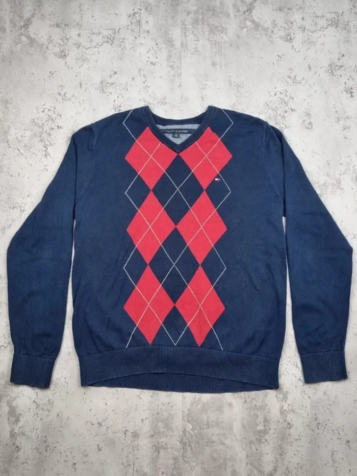 Pull col v Tommy Hilfiger bleu/rouge, L Hommes - photo numéro 3