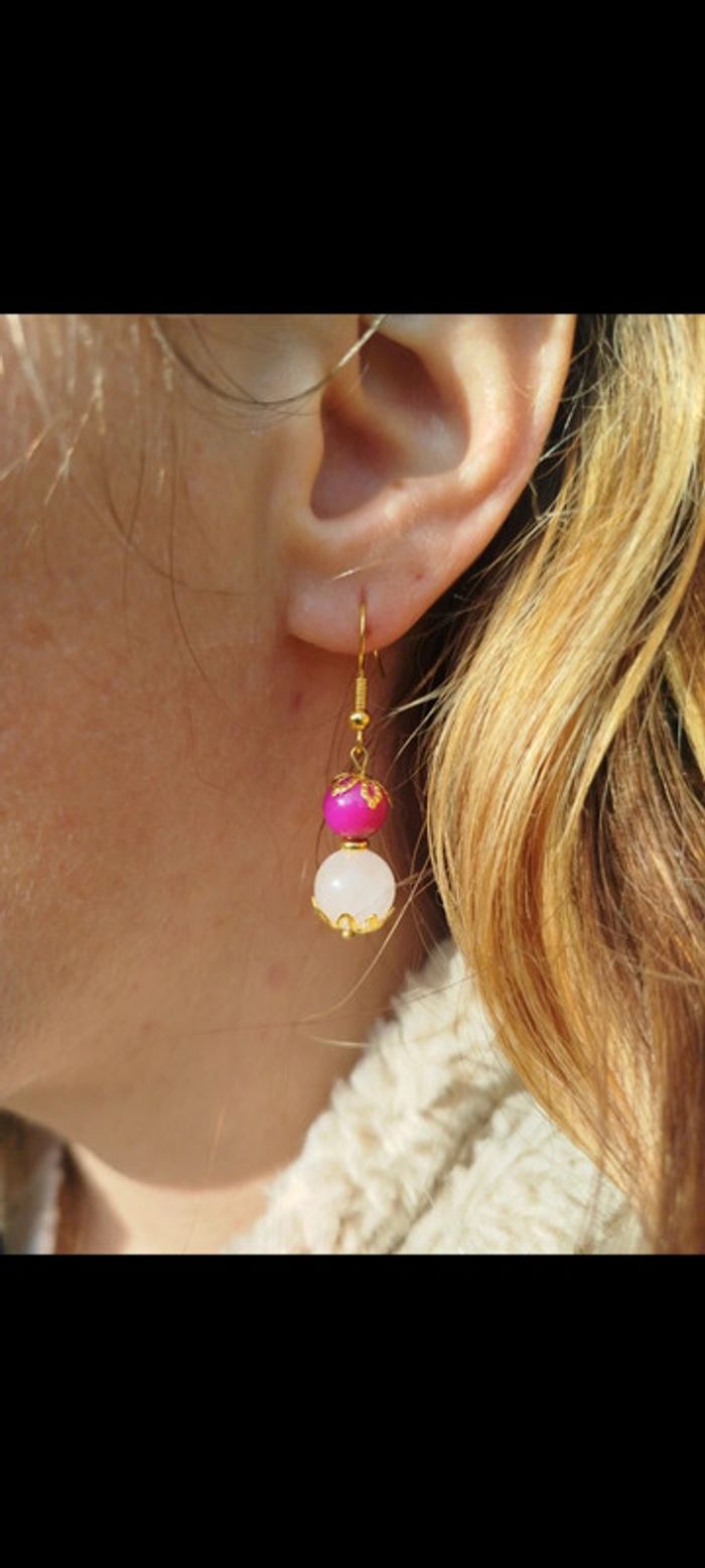 Boucles d'oreilles Agate Fushia/Quartz Rose. - photo numéro 3