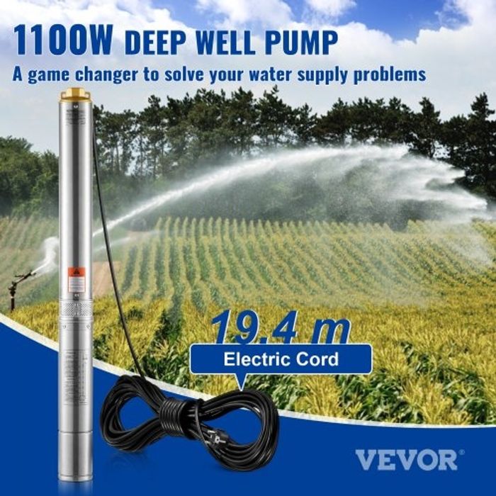 VEVOR Pompe Immergée pour Puits Profond, 1100 W, Pompe à Eau Acier Inoxydable, Débit 7,1 m³/h, 105 m, avec Cordon Électrique 19,4 m, Pompe Étanche IP68 pour Usage Domestique, Irrigation Industrielle - photo numéro 3
