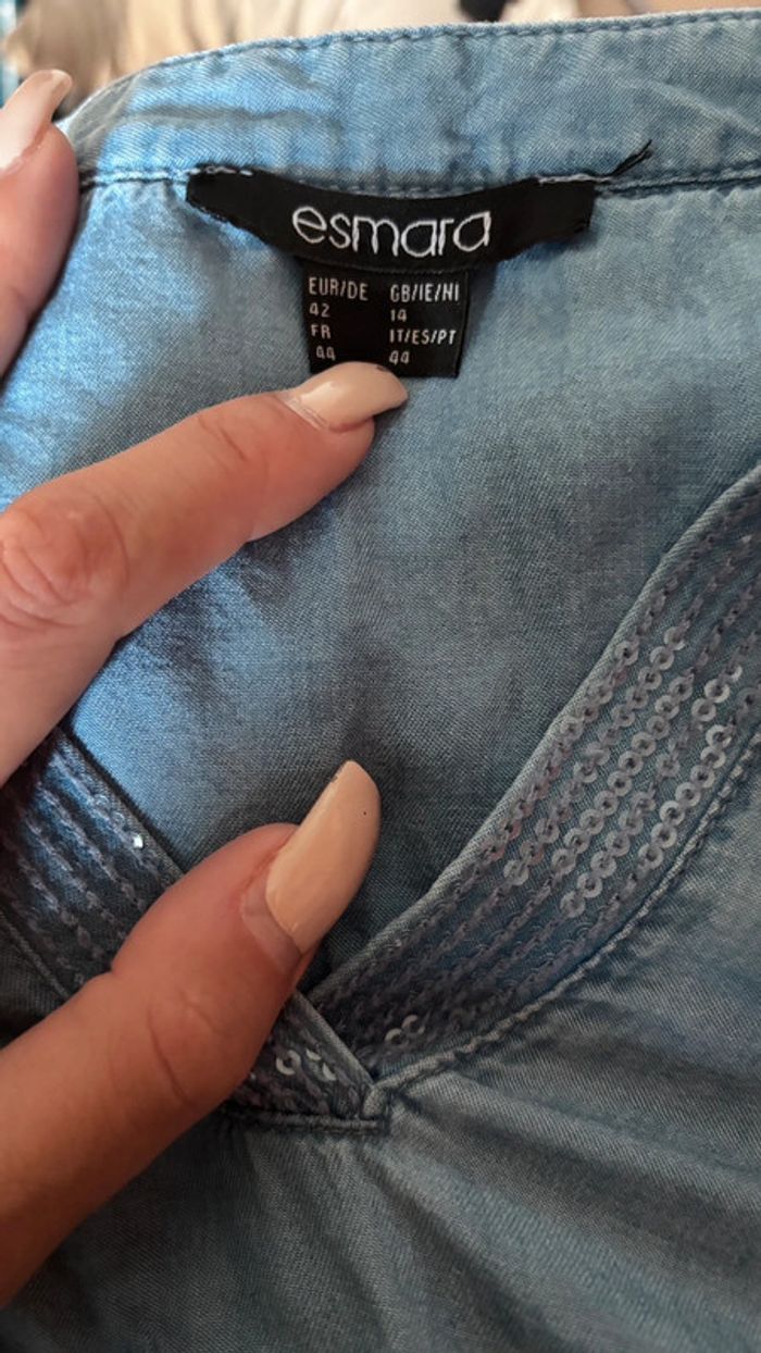 🌸 blouse bleue couleur jeans col v taille - photo numéro 5
