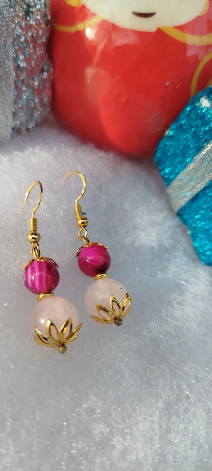 Boucles d'oreilles Agate Fushia/Quartz Rose. - photo numéro 4