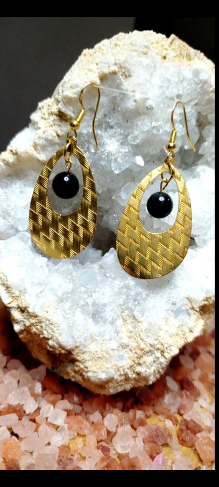 Boucles d'oreilles en Véritable Obsidienne Noire
