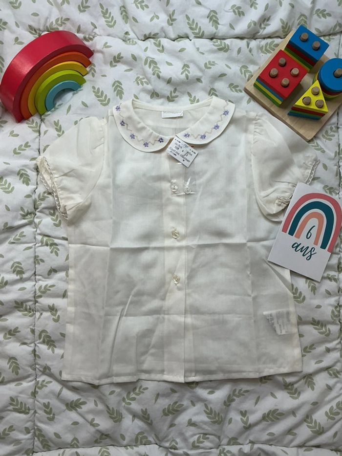 Chemise minimayoral manches courtes 6 ans beige en voile broderies violet sur le col - photo numéro 2