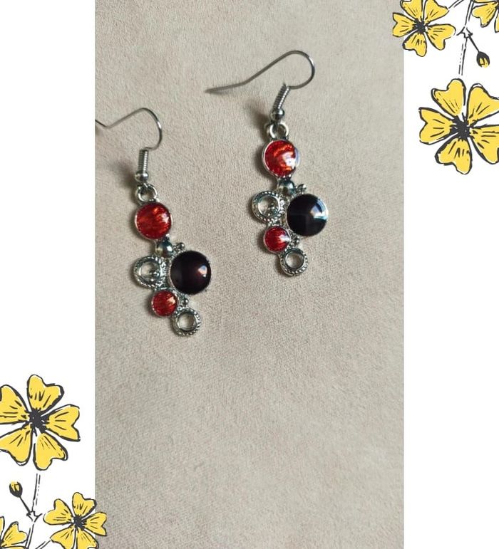 Parure pendentif + boucle – Ronds rouge & argenté avec strass et cœur - photo numéro 4