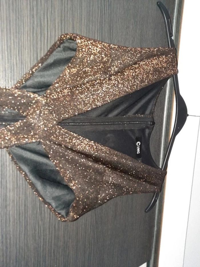 Robe longue marron à paillettes – Fendue & élégante – Taille S – Marque 1992 - photo numéro 4