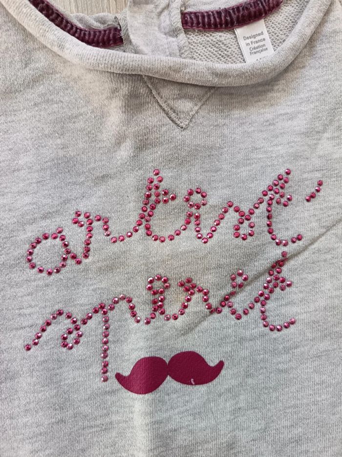 Lot 2 pulls sweat manches courtes fille 4 ans Okaïdi rose gris moustache - photo numéro 3