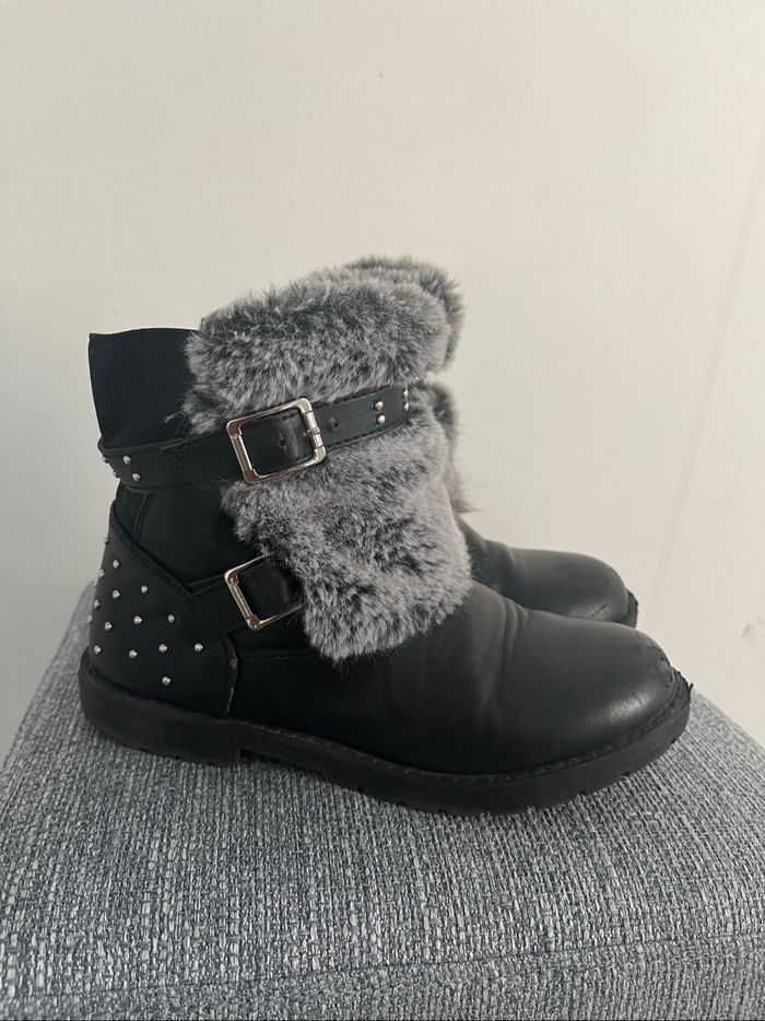 Bottines Toile NOIR Fille motif Fausse fourrure Fermeture éclair