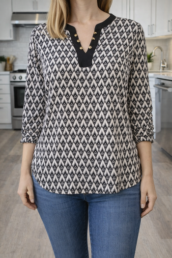 T-shirt pour femme haut manche longue Top noir et blanc col V Taille M (F616)