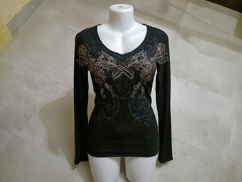 top fin manches longues noir dessins et strass et dessins dans le dos Taille unique