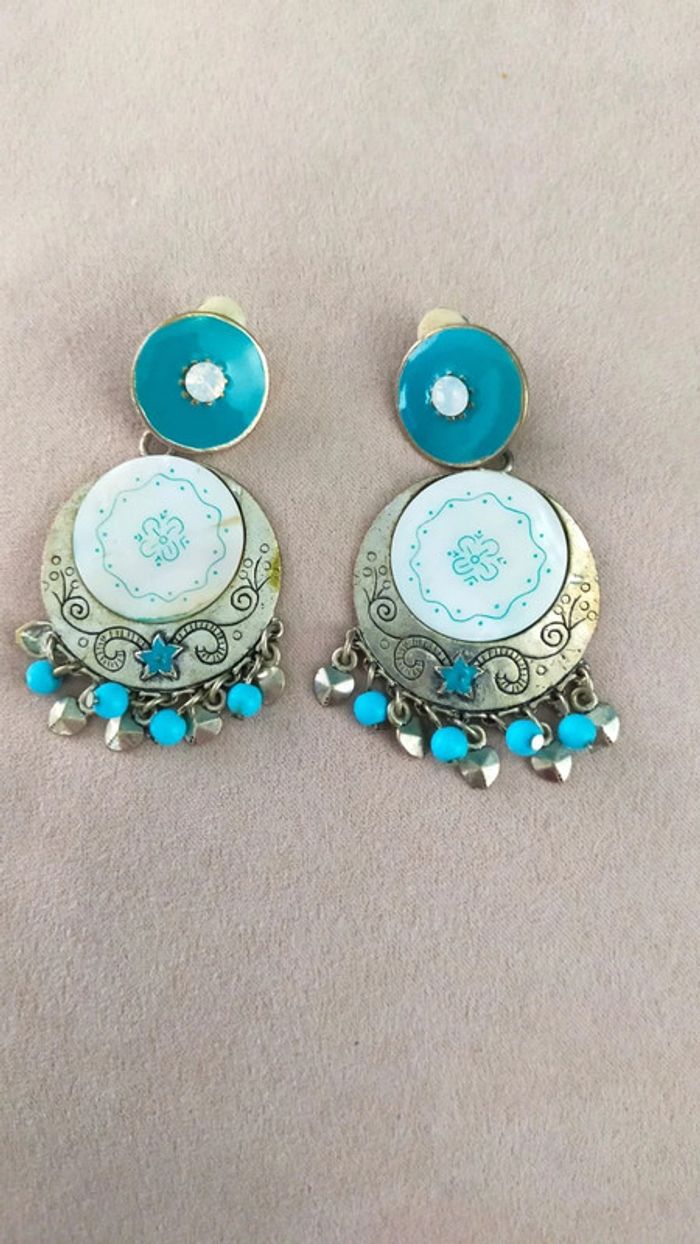 Boucles d’oreilles orientalisant et pampilles bleu turquoise vintage à clip - Collection Brume Bleue - photo numéro 8