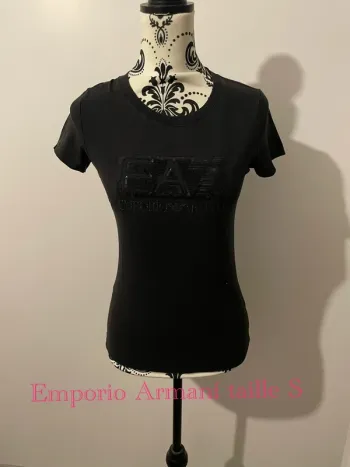 T-shirt à manches courtes noir col rond perle sequin devant Emporio Armani taille S