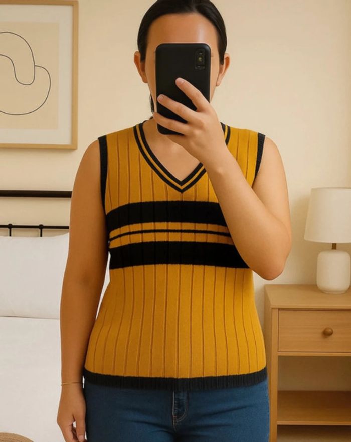 Pull sans manches vintage – Moutarde et noir – Taille 52/54