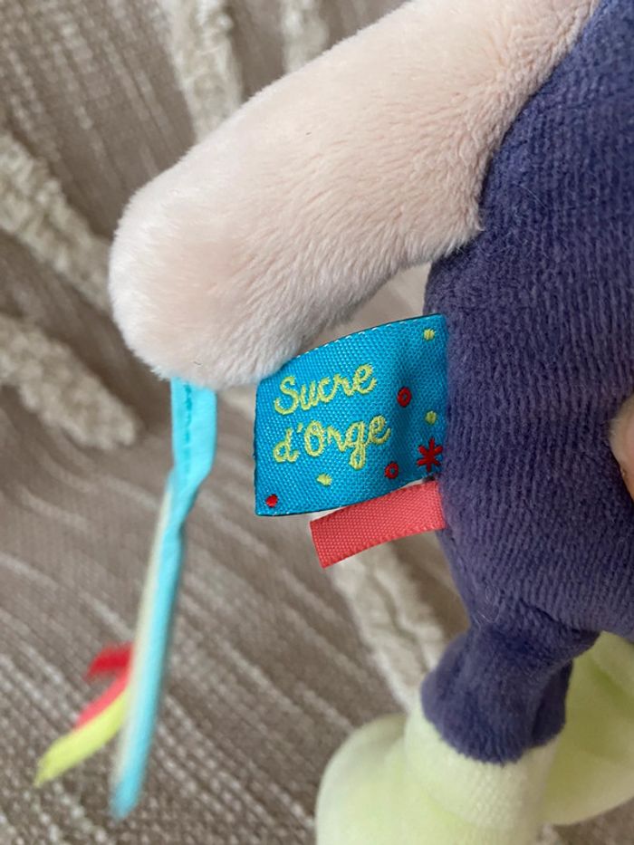 Peluche doudou d’éveil 26cm sucre d’orge ours coucou bleu violet rouge beige parfait état - photo numéro 4