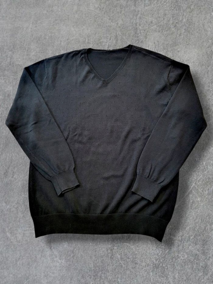 Pull fin noir nid d'abeilles 100% coton col V - XL
