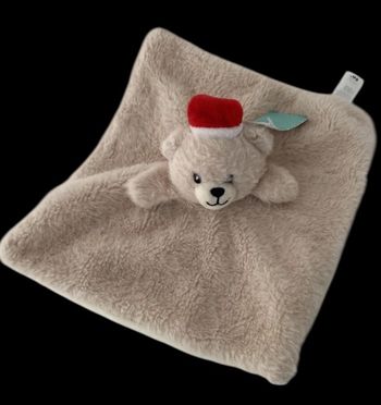 ❤️ Doudou Ours Tex Baby Carrefour Carré Plat Beige Bonnet Noël Christmas