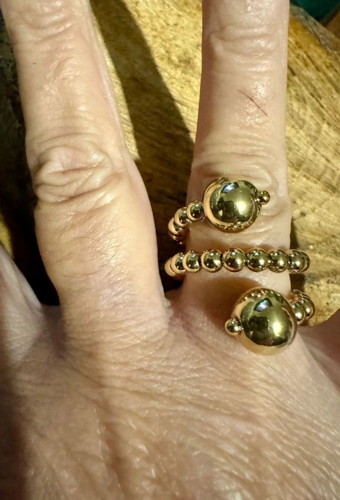 Bague large toutes en boules réglable acier inoxydable or neuve - photo numéro 2