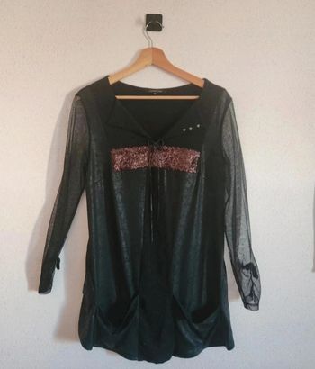 Tunique noire à sequins – Manches longues transparentes – Taille 36 – Très bon état