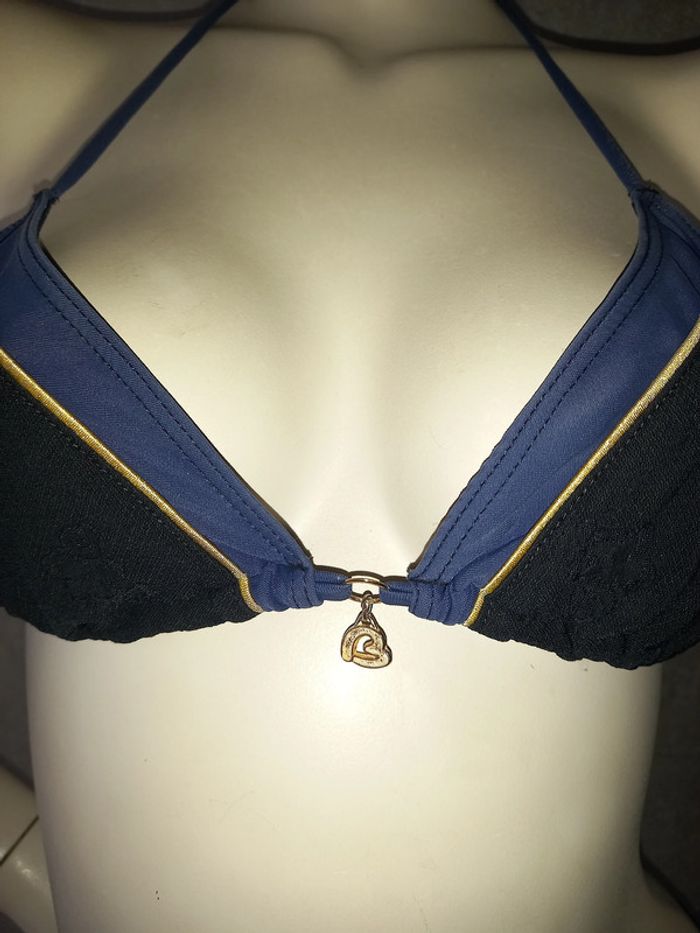maillot de bain 2 pièces banana moon dentelle noire doré et bleu marine taille 36/38 - photo numéro 2