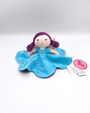 Doudou peluche fée Morgane bleu violet CARRE BLANC Paris ailes rose neuf poupée