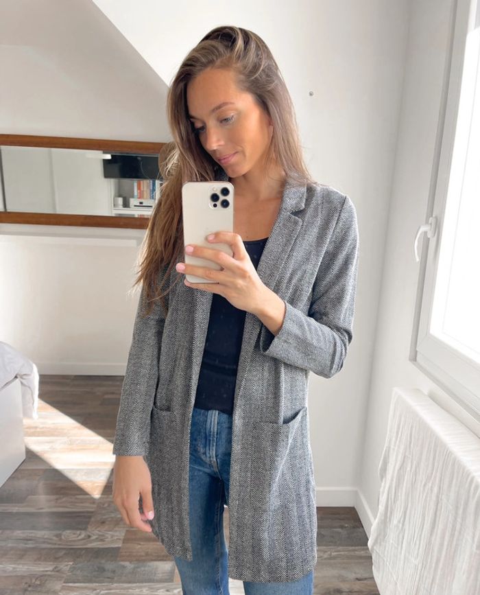 Blazer veste longue à motifs chevrons gris et noir H&M neuve - photo numéro 6