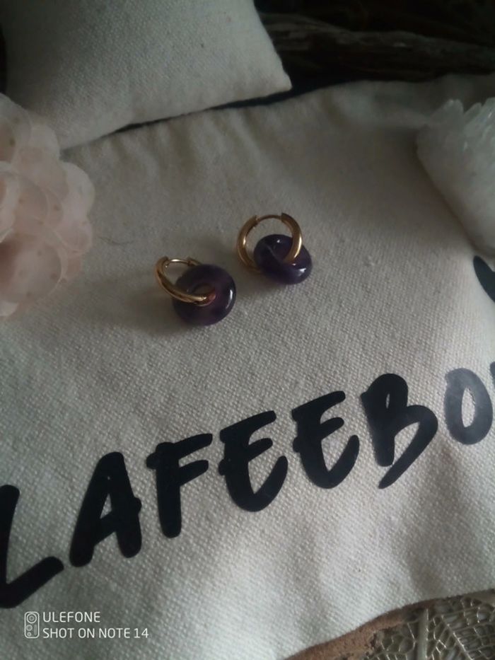 Créoles anneaux améthyste 💜 pierres et acier lithothérapie. - photo numéro 3