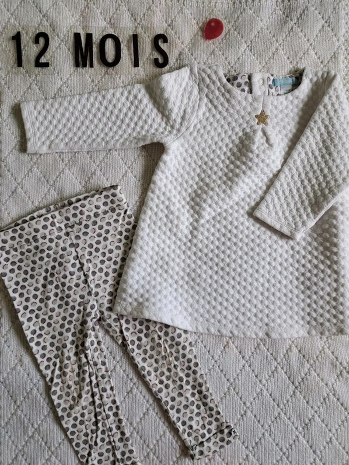 Ensemble robe blanche manches longues + legging Obaïbi fille 12 mois