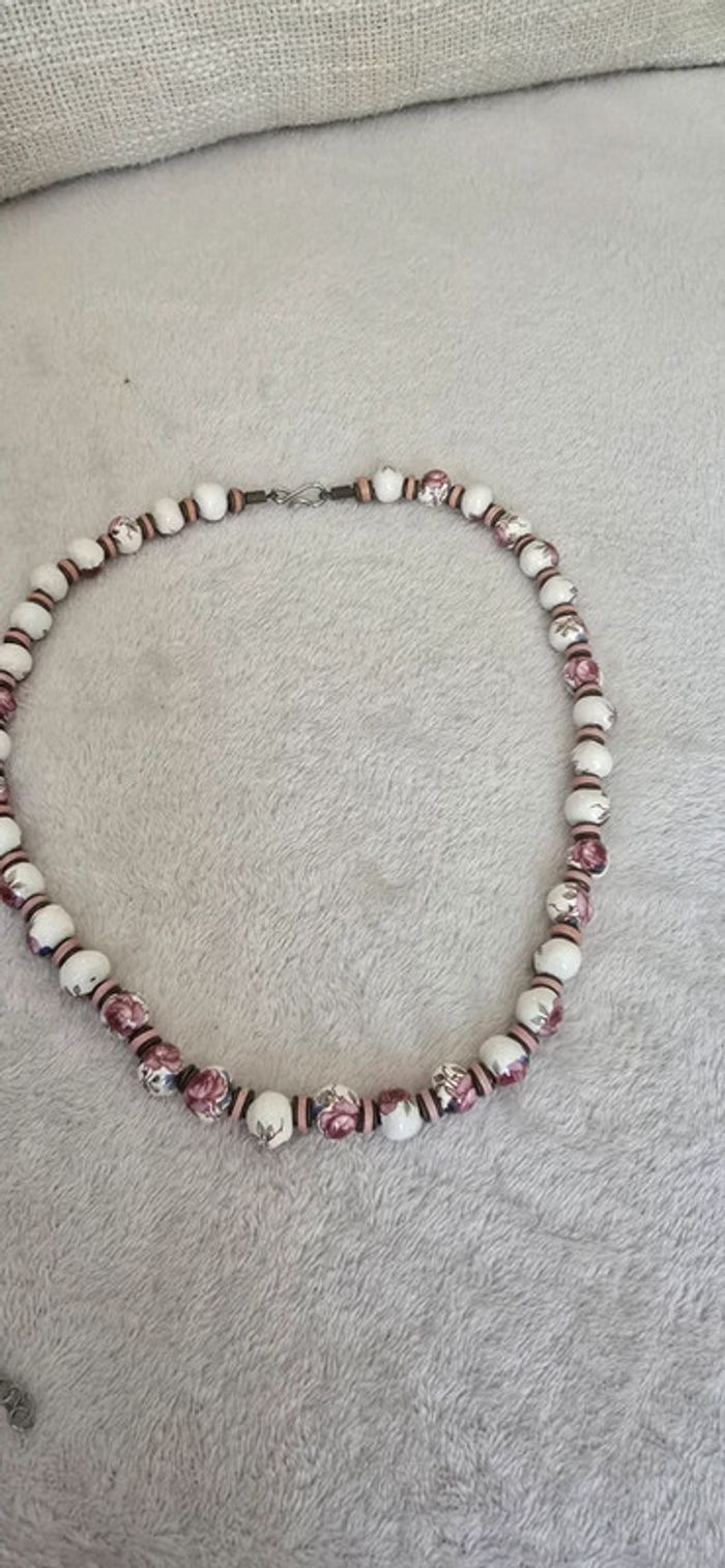 Collier de perles en céramique roses et blanches vintage - photo numéro 11