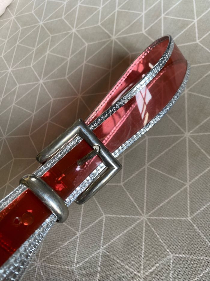 Très belle ceinture vintage plastique rose transparent bordé argenté 34 à 38 - photo numéro 3