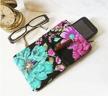 Etui téléphone, lunettes, tissu coton floral mauve turquoise, double ouverture