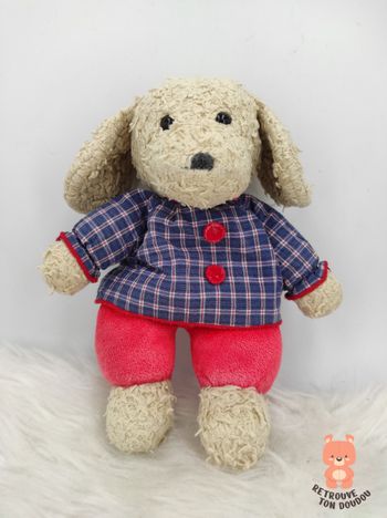 Peluche Chien Beige carreaux rouge vintage