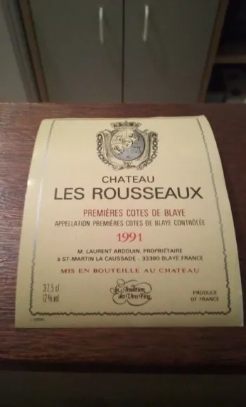 Étiquette De Vin Château Les Rousseaux Première Côte De Blaye 1991