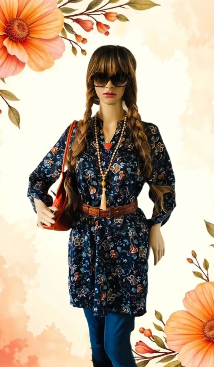 💐Tunique vintage bohème fleurie Goa S/36 Boho hippie chic floral silky Tunic💐 - photo numéro 3