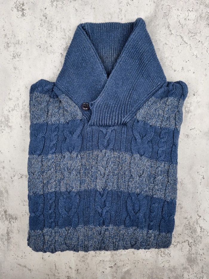 Pull col châle torsadé Tommy Hilfiger rayé bleu & gris – Taille M Homme (mesures en photos) - photo numéro 2