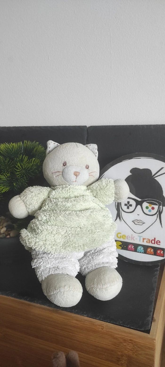Doudou chat plume beige vert blanc peluche ancien vintage kaloo Gris Écru Plush