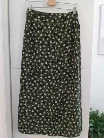 Jupe longue vintage kaki perles fleurs en viscose