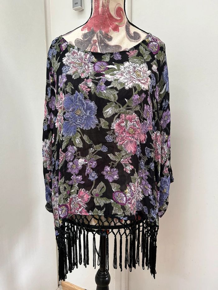 Blouse tunique à franges - taille 42 New look - violet  noir  XL