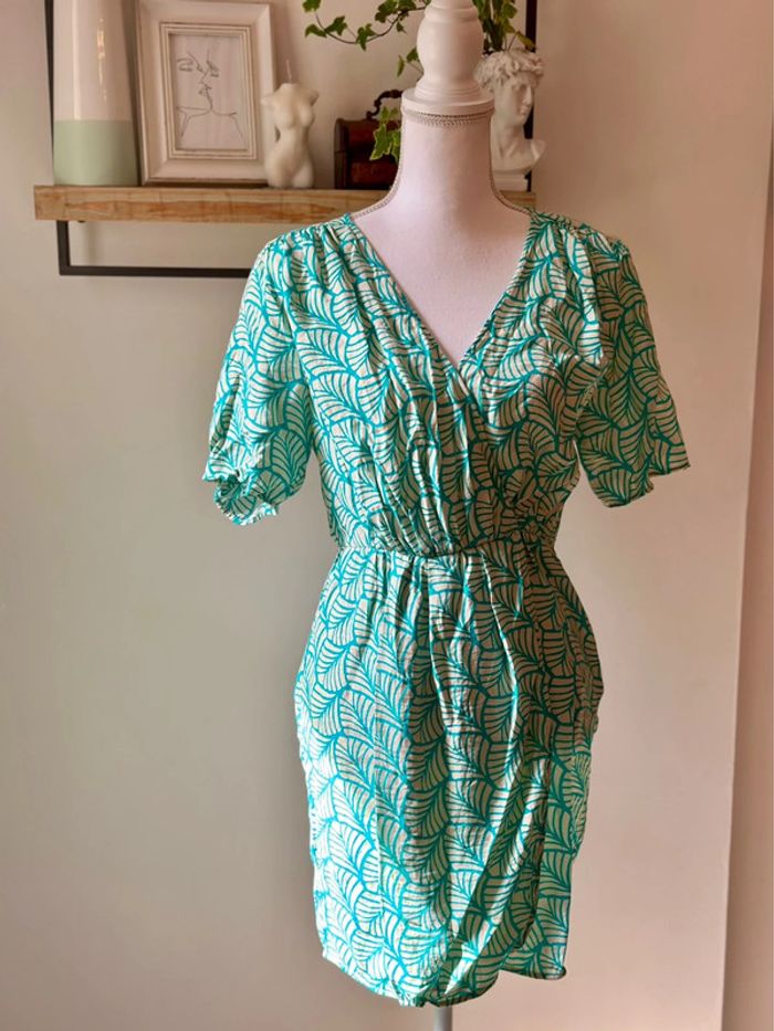 Robe d’été cache-cœur imprimé turquoise et blanc taille M - photo numéro 2